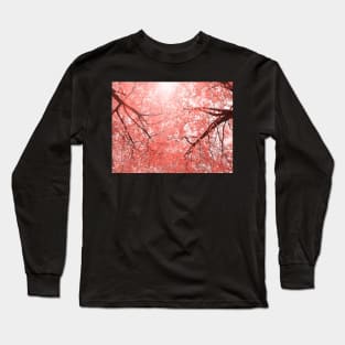 Cherry tree blossoms in Living Coral Pantone color 2019 Long Sleeve T-Shirt